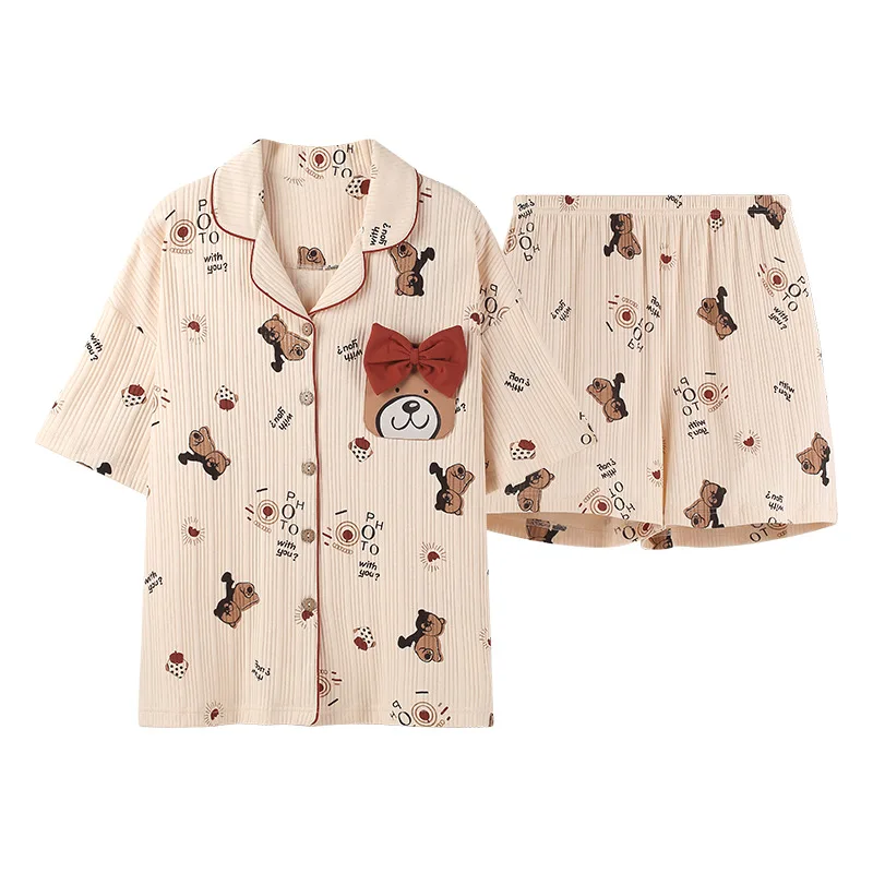 Ensemble Femme 2 Pièces Summer Women's Pajamas Home Clothes Pure Cotton V-neck Cardigan Short Sleeve Shorts Sleepwear