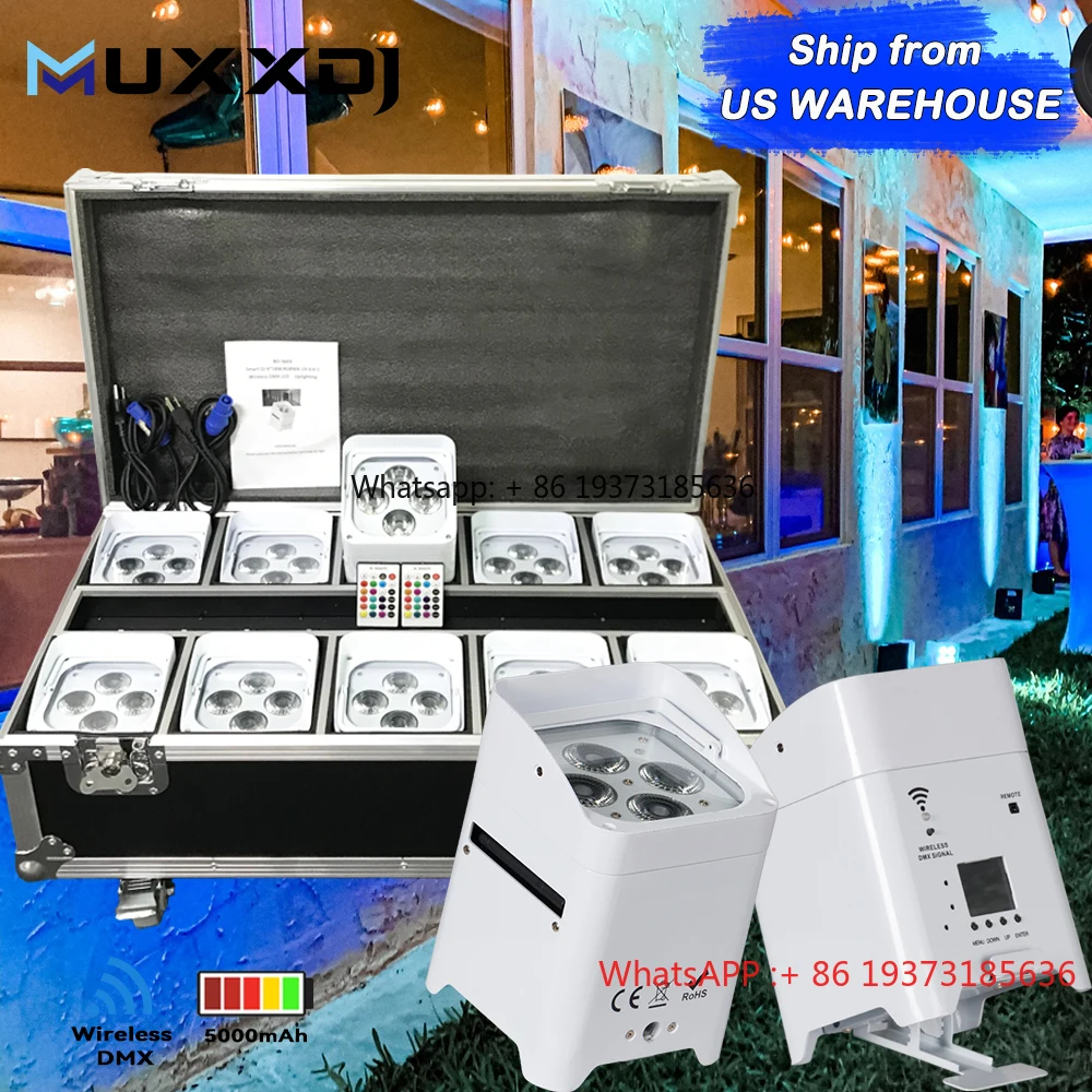 Фото Склад в США, 10 шт., умный DJ S4, беспроводной DMX, на батарейках, 4x18 Вт, светодиодный светильник Uplight, номинальный светильник, свадебная вечеринка, велосипедные огни, зарядка №1