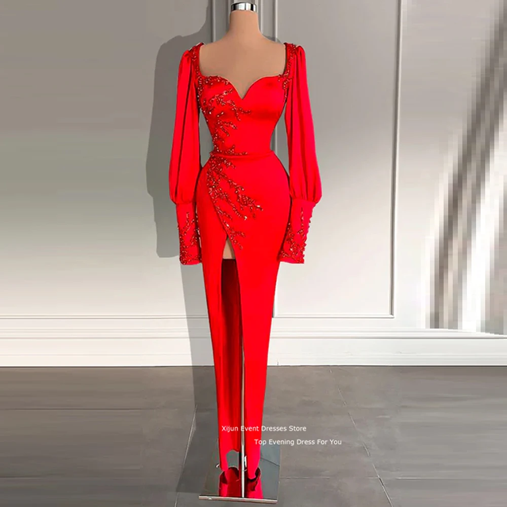 

Xijun Gogerous Red Prom Dress Flower Beads Appliques Evening Dress 2023 For Women Mermaid Long Sleeves Formal Prom Gowns Elegant