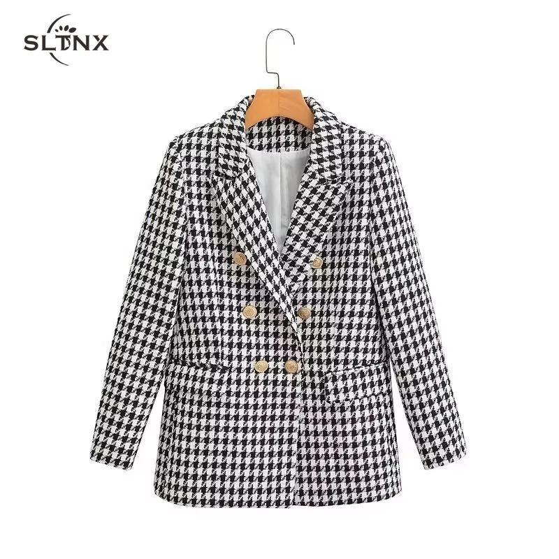 

Модные женские блейзеры из твида SLTNX, пальто, Женский шикарный двубортный блейзер с карманами, костюмы, женские элегантные куртки