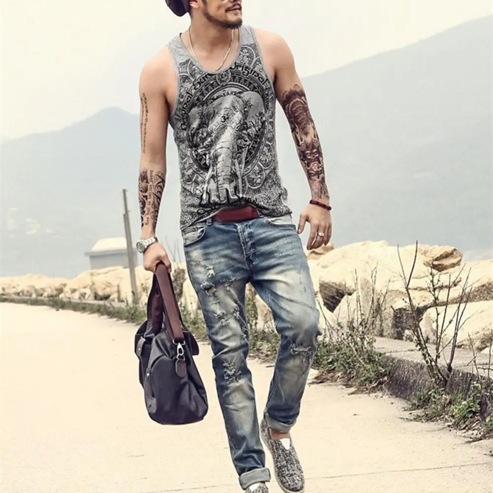 

Жилет мужской с принтом слона, винтажная свободная майка для бодибилдинга, без рукавов, на лето