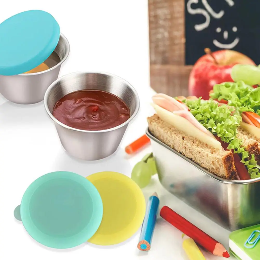 

6pcs Stainless Steel Sauce Containers Reusable Leak-proof Salad Dressing Container Condiment Cup With Silicone Lids