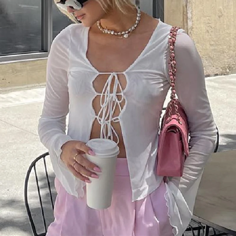 

Y2K Ретро фотодизайн шикарный французский пикантный топ с завязкой спереди с вырезами летний топ с длинным рукавом винтажная одежда