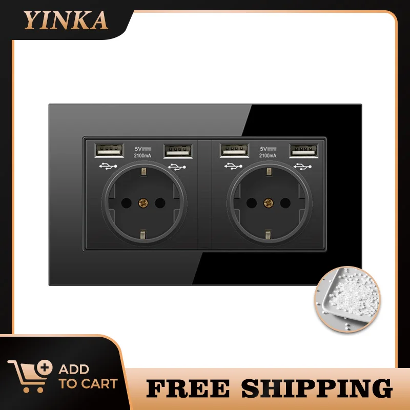 

YINKA European Standard German USB Socket Panel with Glass Panel German Standard Typec Socket 16A Electrical Double Sockets EU