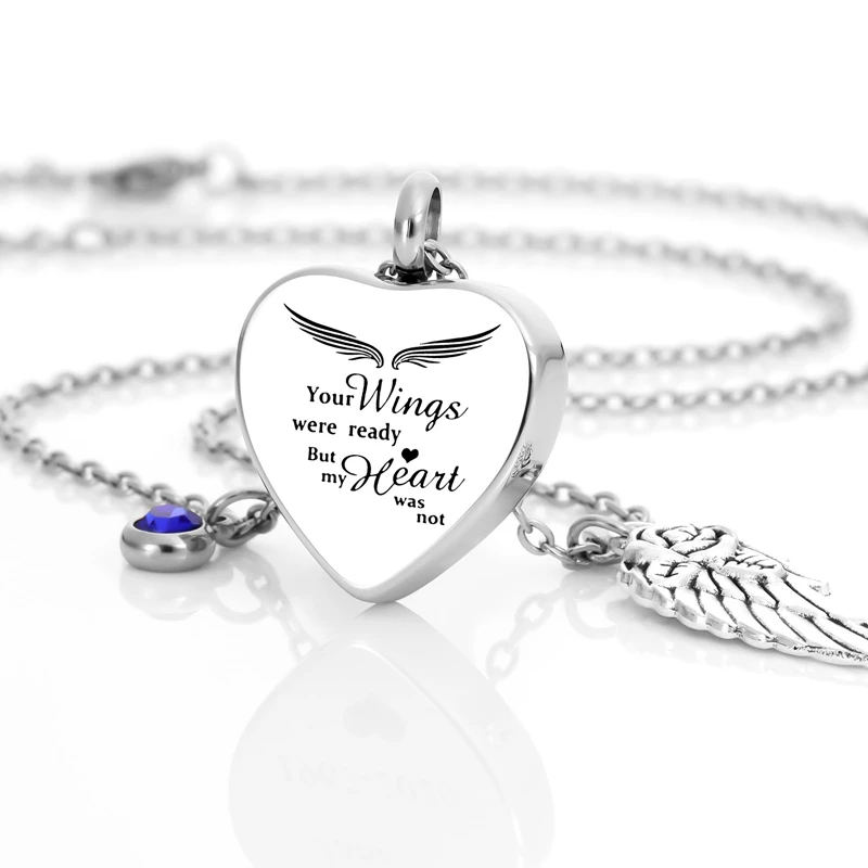 

12 Birthstone Angel Wing Heart Urn Necklace For Women Cremation Jewelry For Ashes Human Keepsake Memorial Jewelry Clavicle Chain