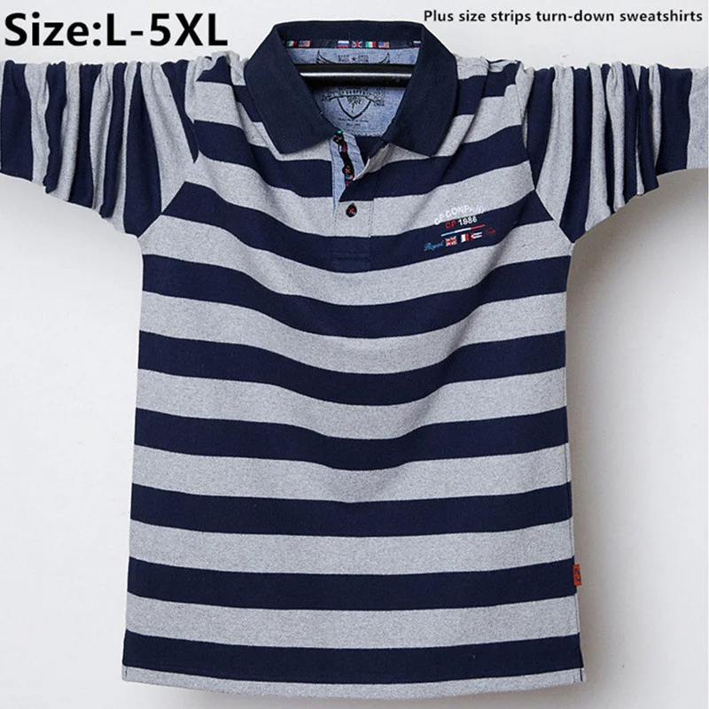 

Turn-Down Collar Men Polo Sweatshirt Stripes Oversized 5XL Long Sleeve Tshirt Plus Size Business Loose Pullover Clothing Tops