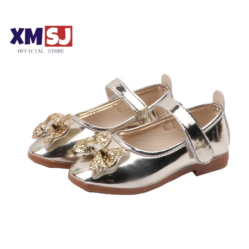 

New Spring Summer Girls Butterfly-knot Princess Flats Casual Paillette Children's Bowtie Sequins Leather Shoes For Kids All Size