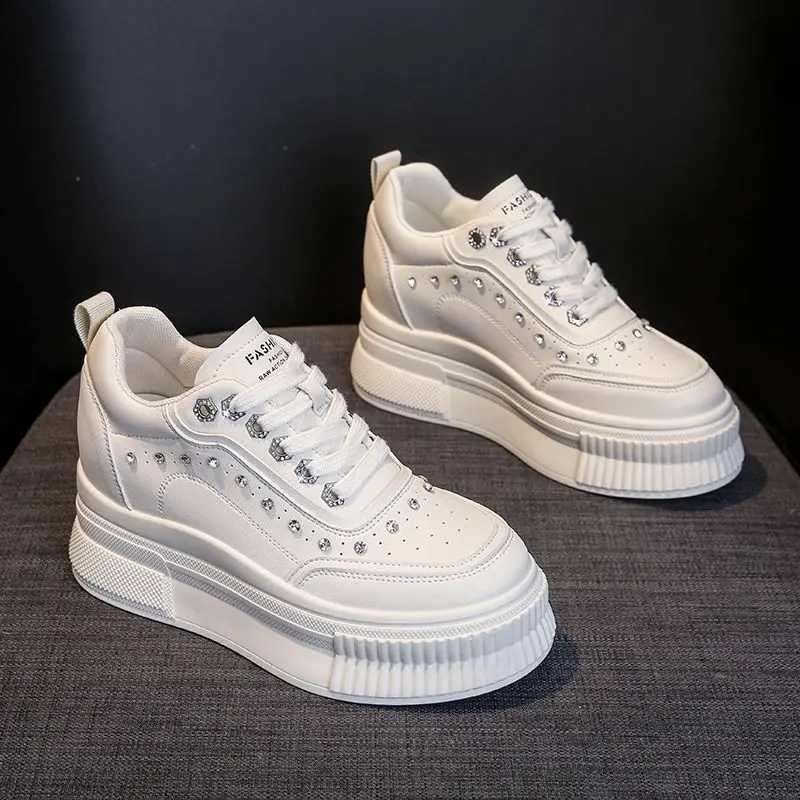 Height Increasing Insole Women's 2023 Spring New Rhinestone White Shoes 8 cm Platform Casual Popular Sneakers