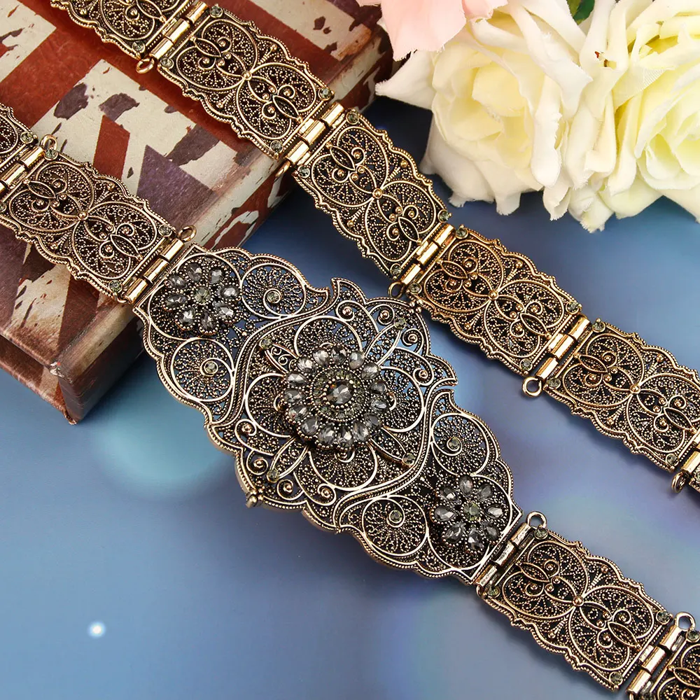 

Neovisson Old Gold Color Turkey Women Belt Full Gray Crystal Ethnic Wedding Dress waistband Jewelry Bridal Gift Handmade