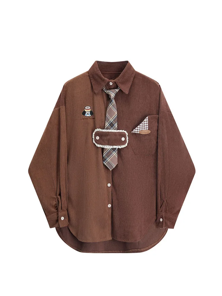 

Vintage Fashion Women Corduroy Cute Embroidery Blouse Long Sleeve Lapel Collar Single Breasted Female Casual Baggy Tie Shirt Top