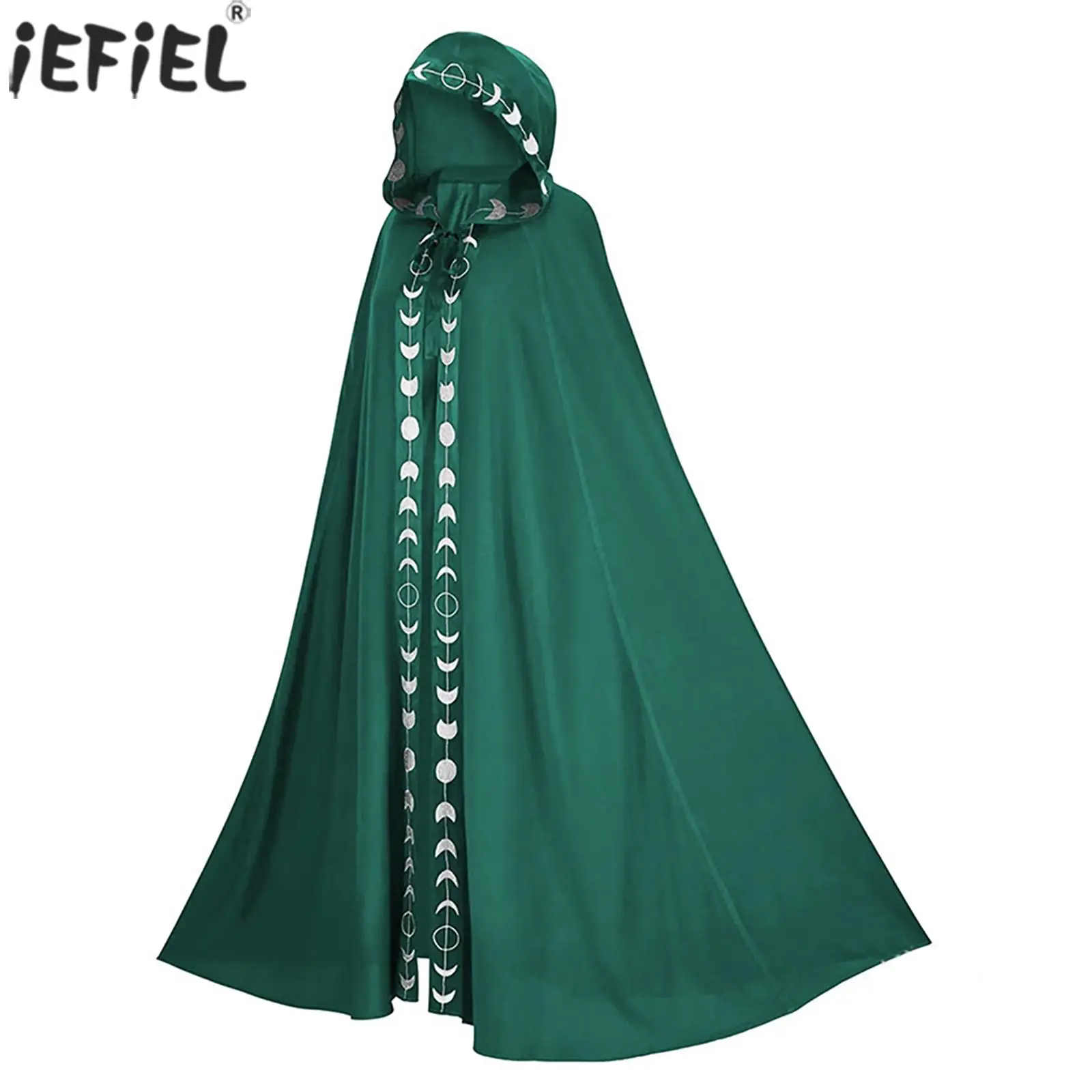 

Unisex Adult Halloween Witch Wizard Cosplay Costume Medieval Renaissance Party Moon Phases Print Self-tie Long Cape Hooded Cloak