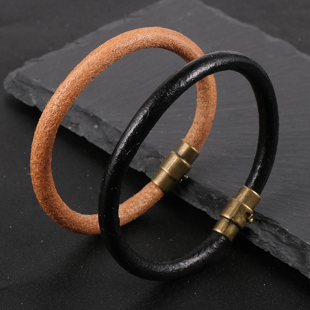 

6mm Wide Genuine Leather Couple Bracelets For Lovers Metal Magntic Buckle Black Khaki Hippie Men Women Minimalist Bangles Gifts