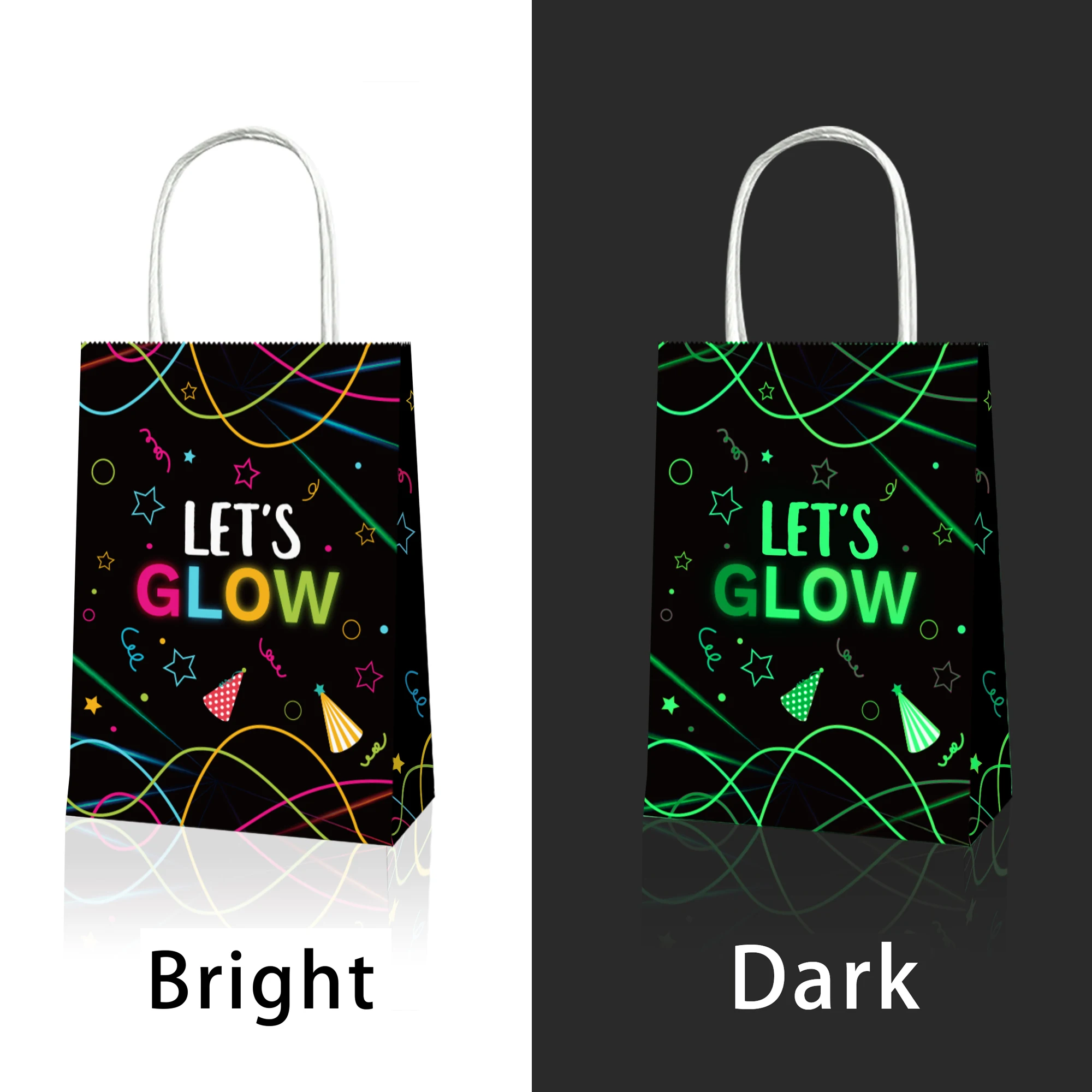 

BD069 12Pcs Colorful Glow in Dark Disco Concert Birthday Party Portable Packing Paper Tote Gift Bags Baby Shower Party Decors