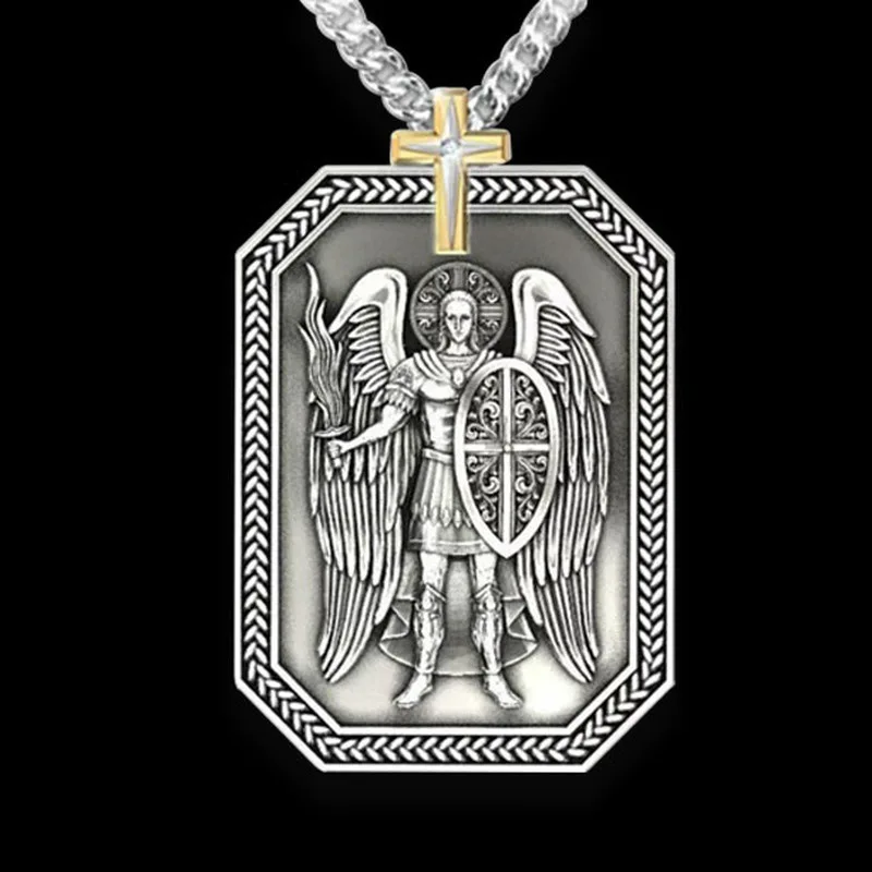 

Mens Jewellery Vintage Cross Necklace Angel Holy Sword Shield Guardian Hip Hop Pendant Necklace for Men Stainless Steel Jewelry