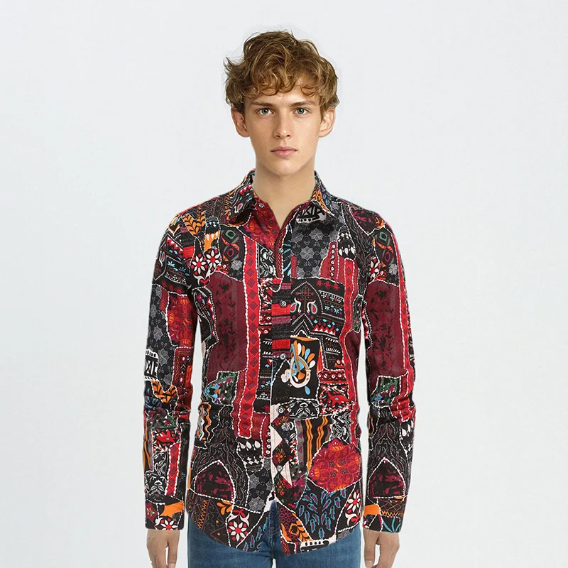 

Рубашка мужская с отложным воротником, Модная молодежная сорочка Slim Fit с узором, льняная с длинными рукавами, уличная одежда, однобортная