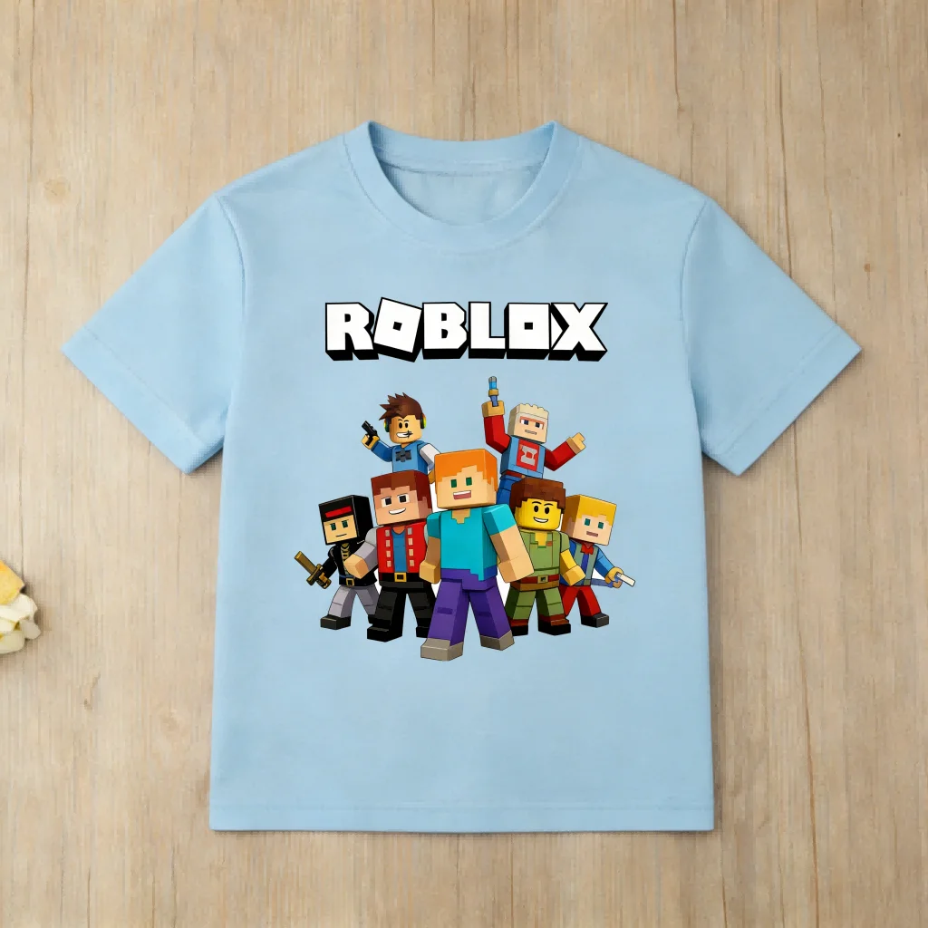 Фото Хлопковая футболка с принтом персонажей мультфильмов Roblox для мальчиков, детские топы с короткими рукавами, мягкая детская футболка, футболка с изображением игры Roblox №5