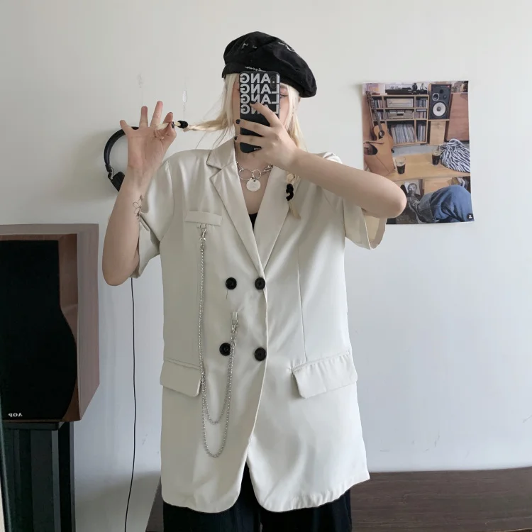 Womens Thin Blazer Jackets with Chain for Korean Fashion Trends Gothic Clothing Teenage Loose Streetwear Short Sleeve Suit Tops