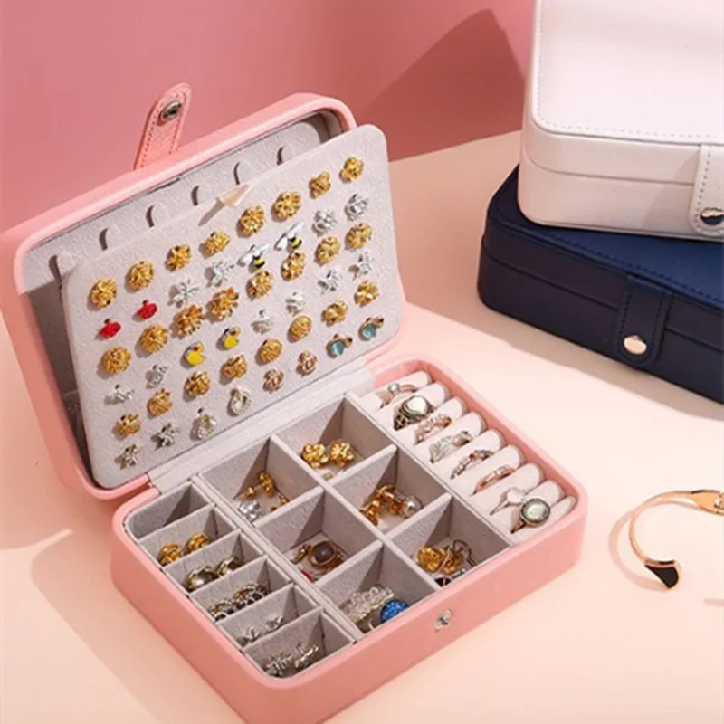 Fine Durable Portable Ear Studs Ring Necklace Travel Earring Detachable PU Leather Double Layer Partition Design Jewelry Box