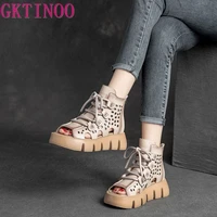 gktinoo genuine leather women sandals summer shoes 2022 zip retro hollow handmade concise platform ladies sandals
