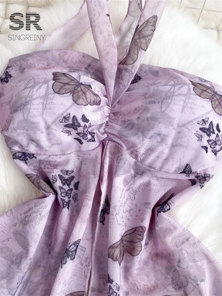 Летнее платье SINGREINY с принтом бабочек и открытой спиной женские сетчатые модные