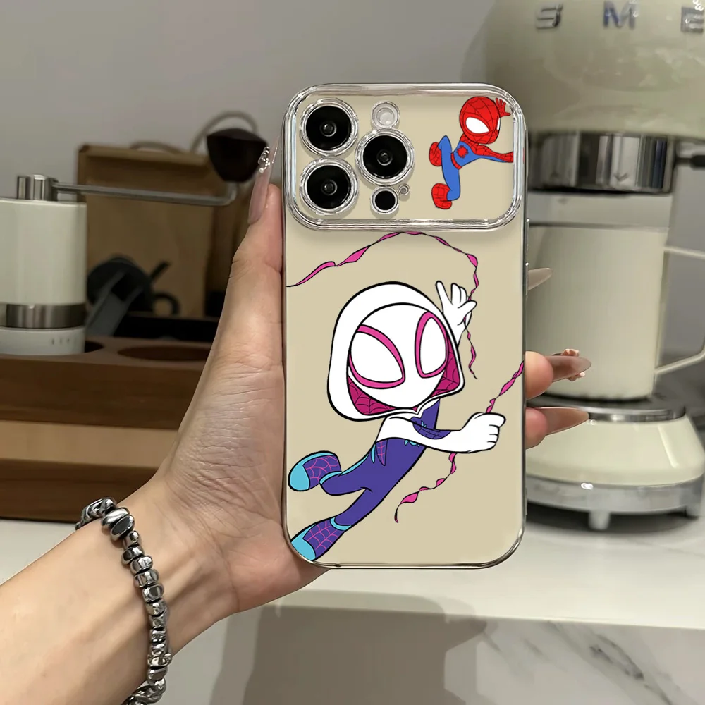 Phone Case For iPhone MINISO S-Spiders M-Man Couple 12 11 13 14 15 16 Max Pro Plus Electroplated Large Window Lens