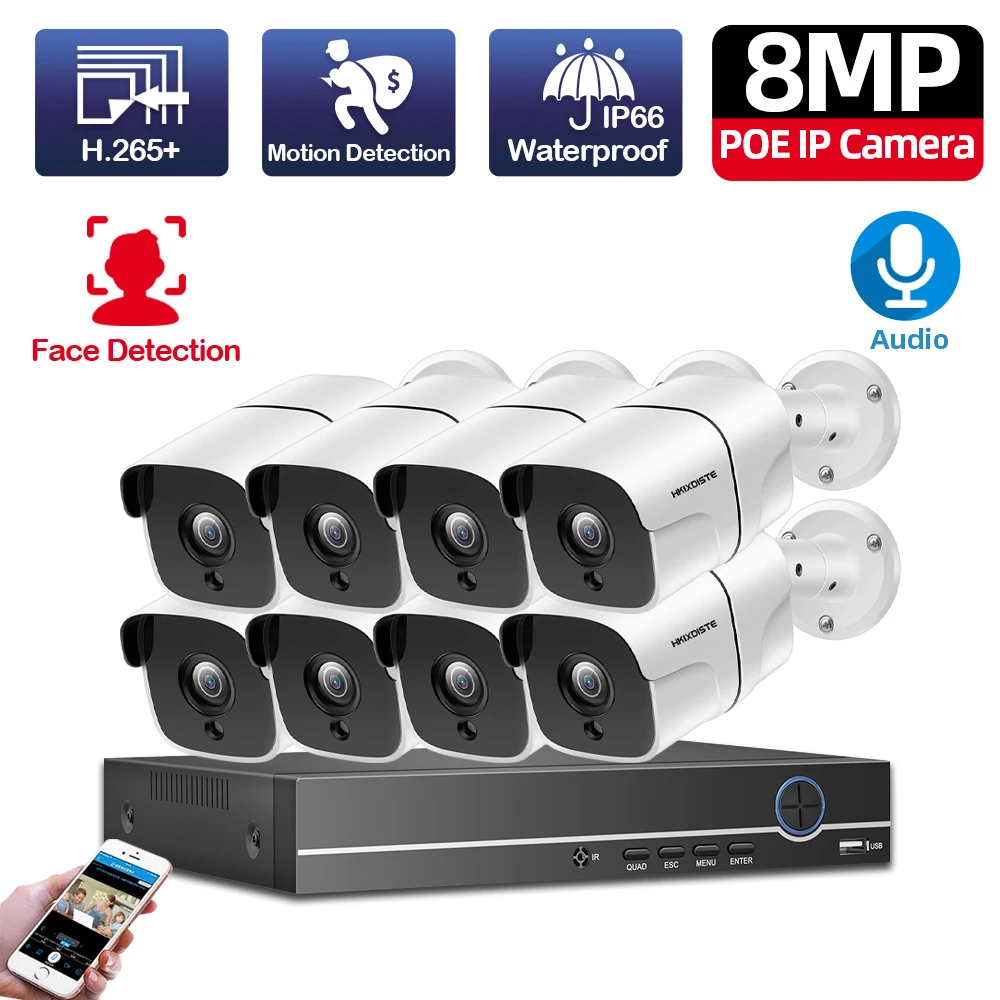 

8MP 4K Ai Face Human Detection Camera System POE NVR Kit CCTV Video Record Outdoor IP66 Home Audio Surveillance Camera Xmeye