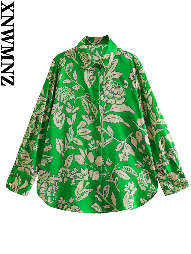 

XNWMNZ 2023 Женская модная атласная рубашка с принтом женская Повседневная универсальная рубашка с отложным воротником с длинным рукавом и передней пуговицей женская блузка