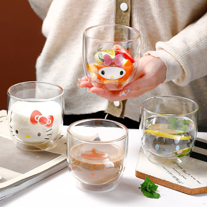 Cute Sanrio Hello Kitty Double Wall Water Cup Cartoon Cinnamoroll Melody Kuromi Anti Scald Glass Milk Coffee Tea Cup Girl Gifts