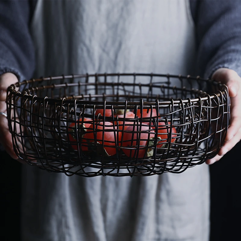 

Vintage Metal Iron Storage Basket Living Room Kitchen Fruit Dish Snack Bread Dim Sum Rack Round Large Capacity Storage Basket
