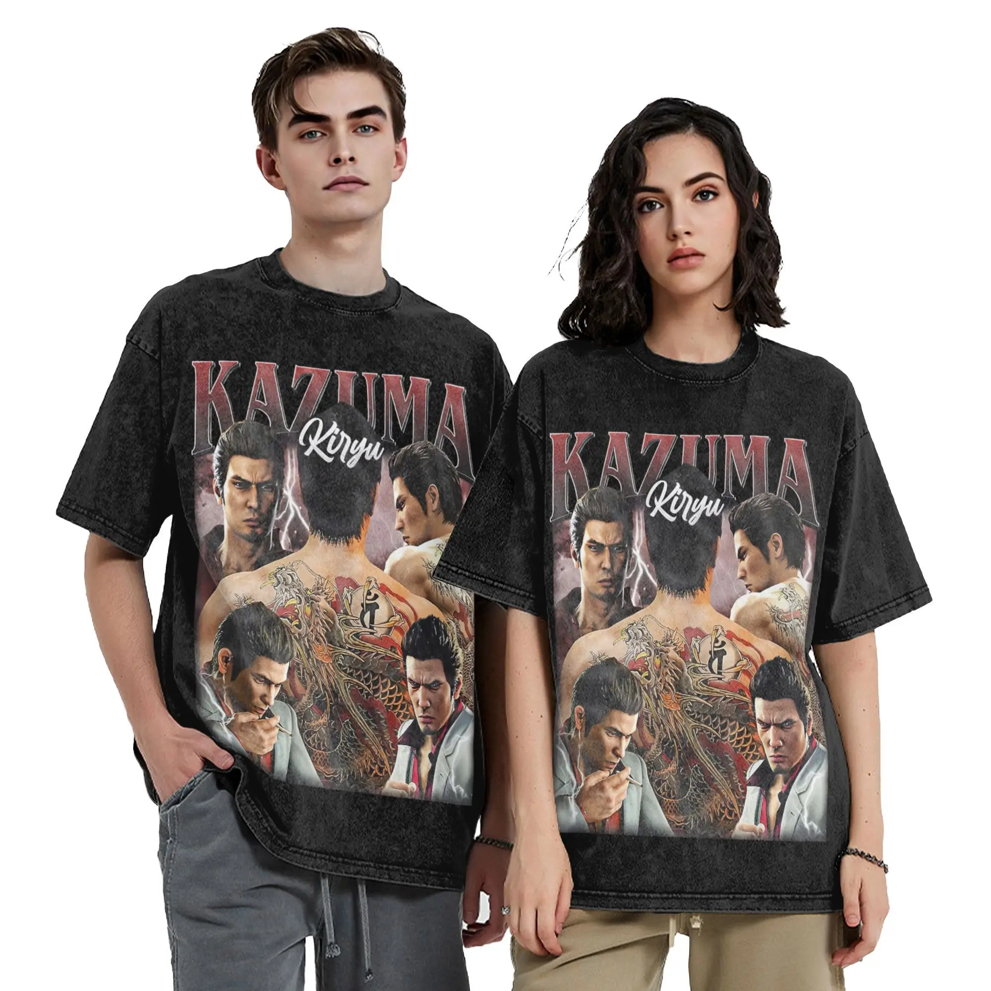 Фото YAKUZA Kazuma Kiryu винтажные стильные потертые футболки уличная одежда в стиле хип-хоп винтажные футболки футболки для мужчин и женщин 100% хлопок с графикой №2