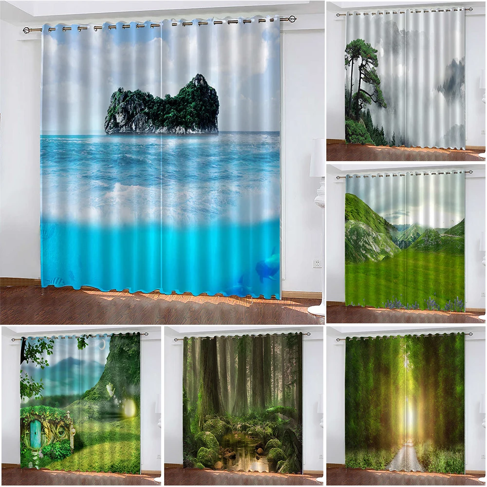

Занавеска с голубым морским принтом для гостиной, занавеска с двойным лесом, открытая Затемняющая занавеска, занавеска для Сомбра, ландшафтный фон, украшение для дома