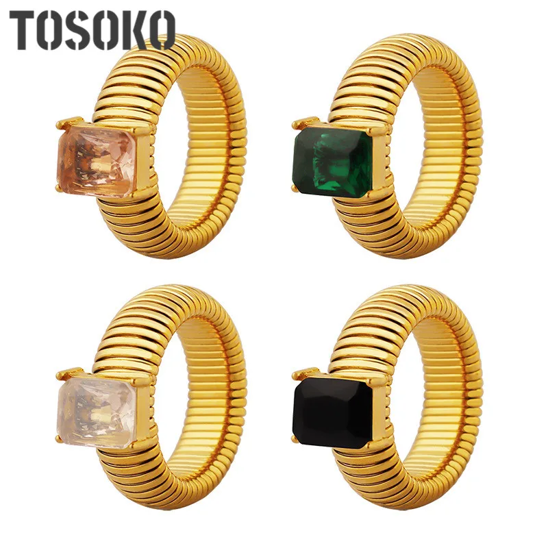 

TOSOKO Stainless Steel Jewelry Geometric Simple Striped Zircon Multi-Color Exaggerated Ring Women's Fashion Ring BSA435
