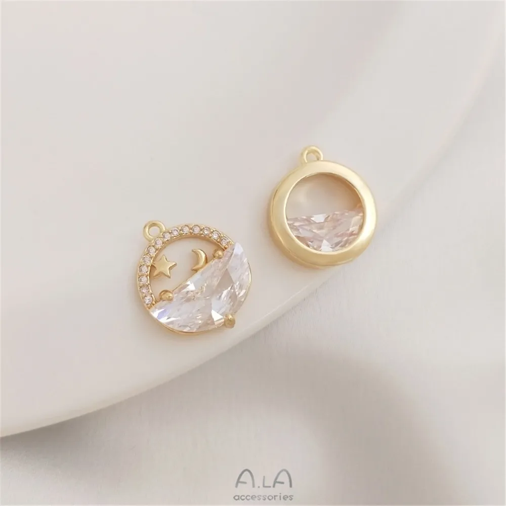 

14k Gold coated zircon still water Bright Moon Round Pendant handmade DIY headpiece Pendant Necklace Earring Pendant