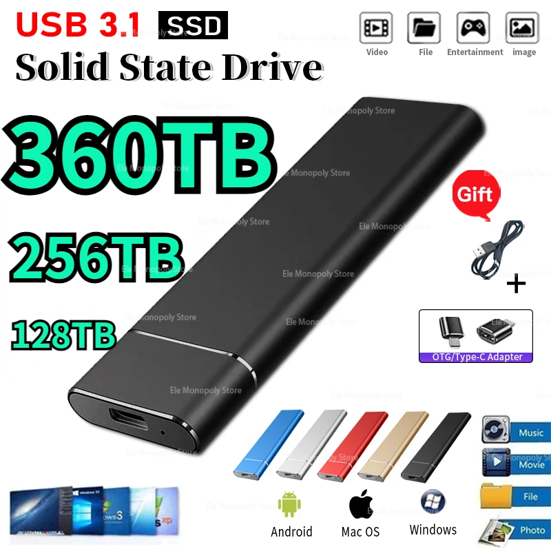 

128TB External Hard Drive 1TB 2TB High-speed Portable SSD 500GB Mobile Solid State Drive USB 3.1 Type-C for Laptop Mac Notebook