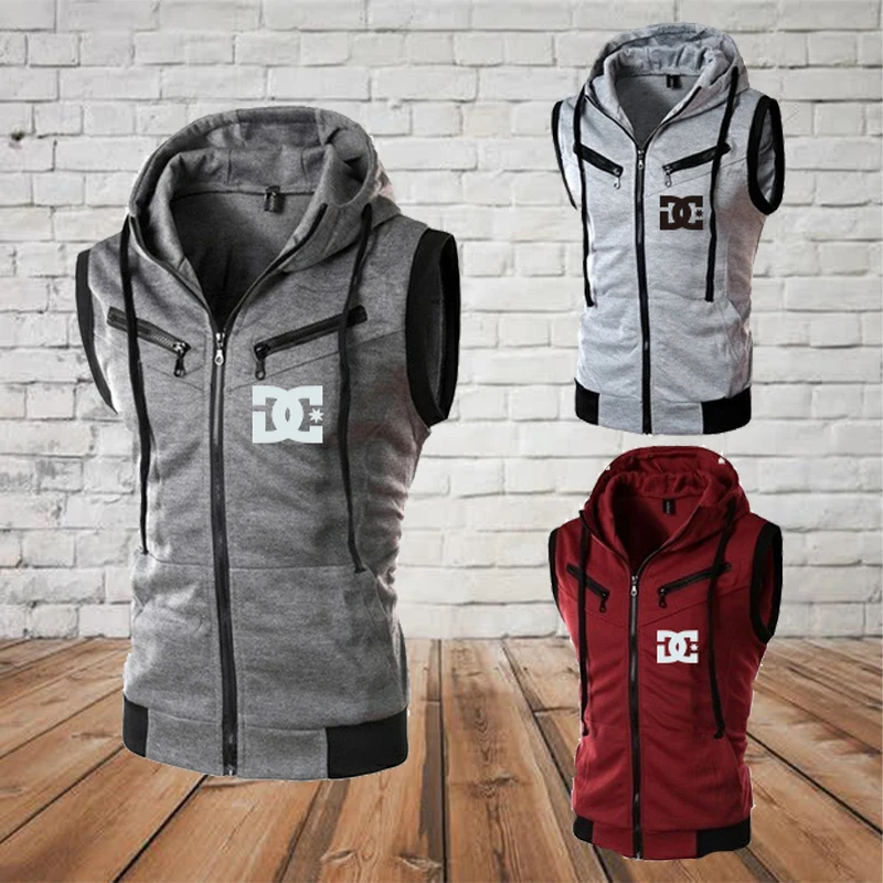 

2022 New Print Spring Summer Fashion Casual Sports Sleeveless Vest Solid Color Hooded Outdoor Sports Sleeveless Vest 3colour