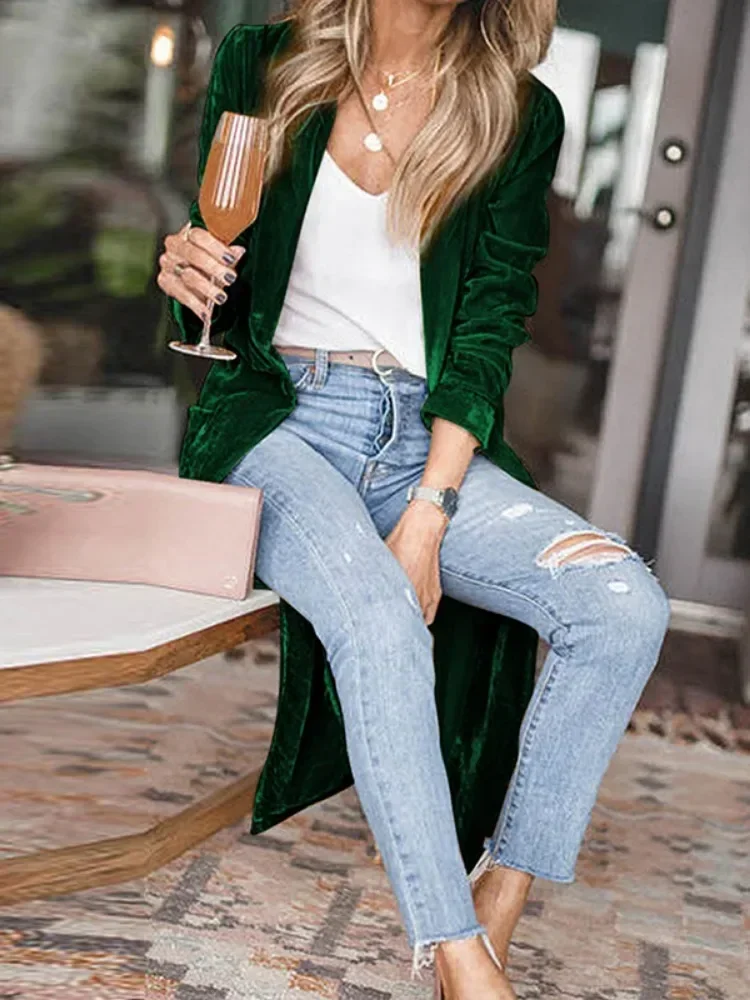 Женская Осенняя куртка с длинным рукавом и карманами однотонная без воротника