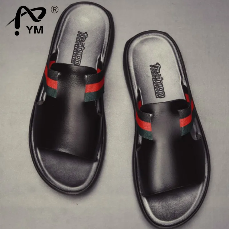 

New men luxury brand slides Men fashion summer men's shoes casual slippers stripe beach slipper shoes Italy style slide