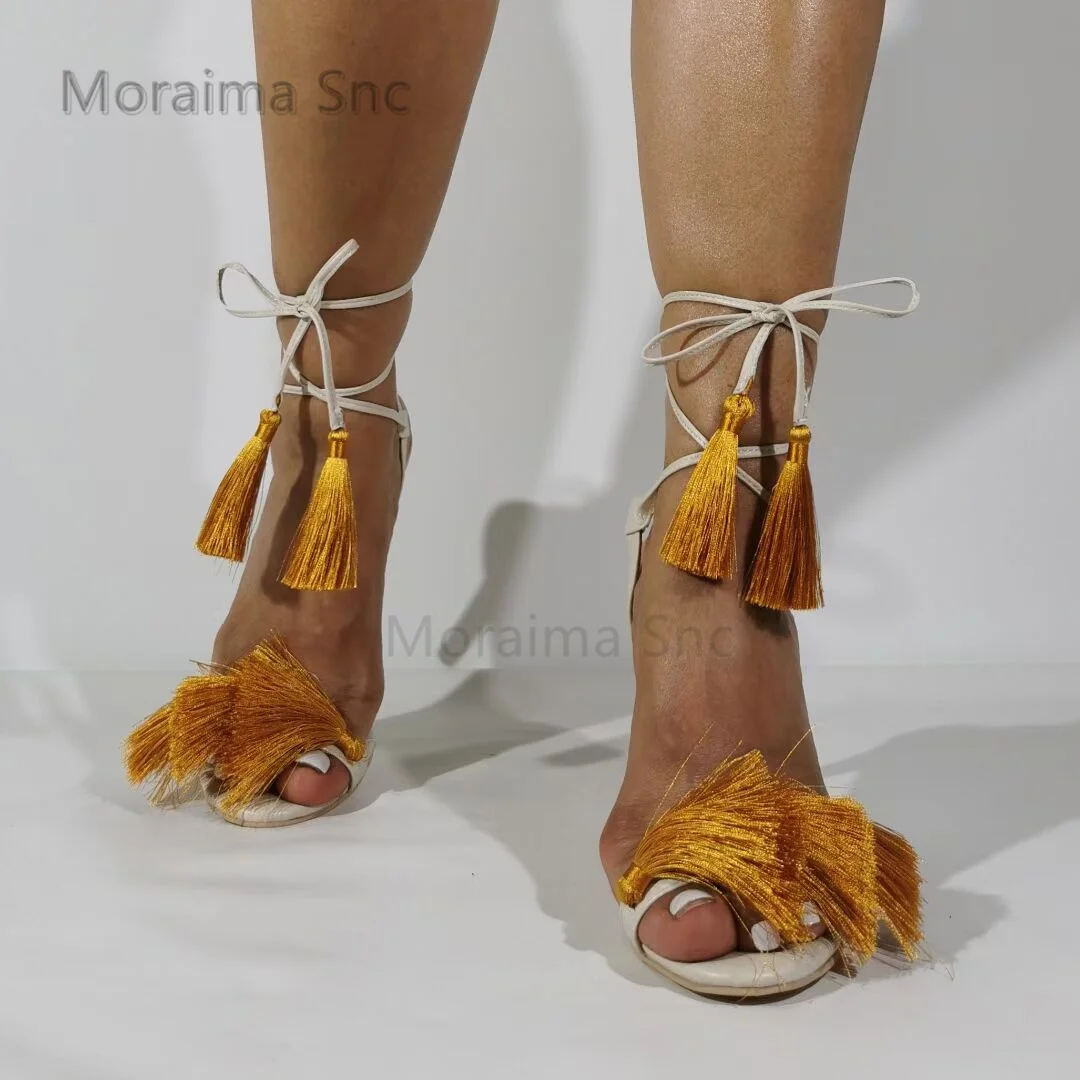Tassel High Heels Strappy Sandals for Women Summer Stiletto Fashion Ankle Strap Open Toe Ladies Shoes White Wedding Shoe Bride