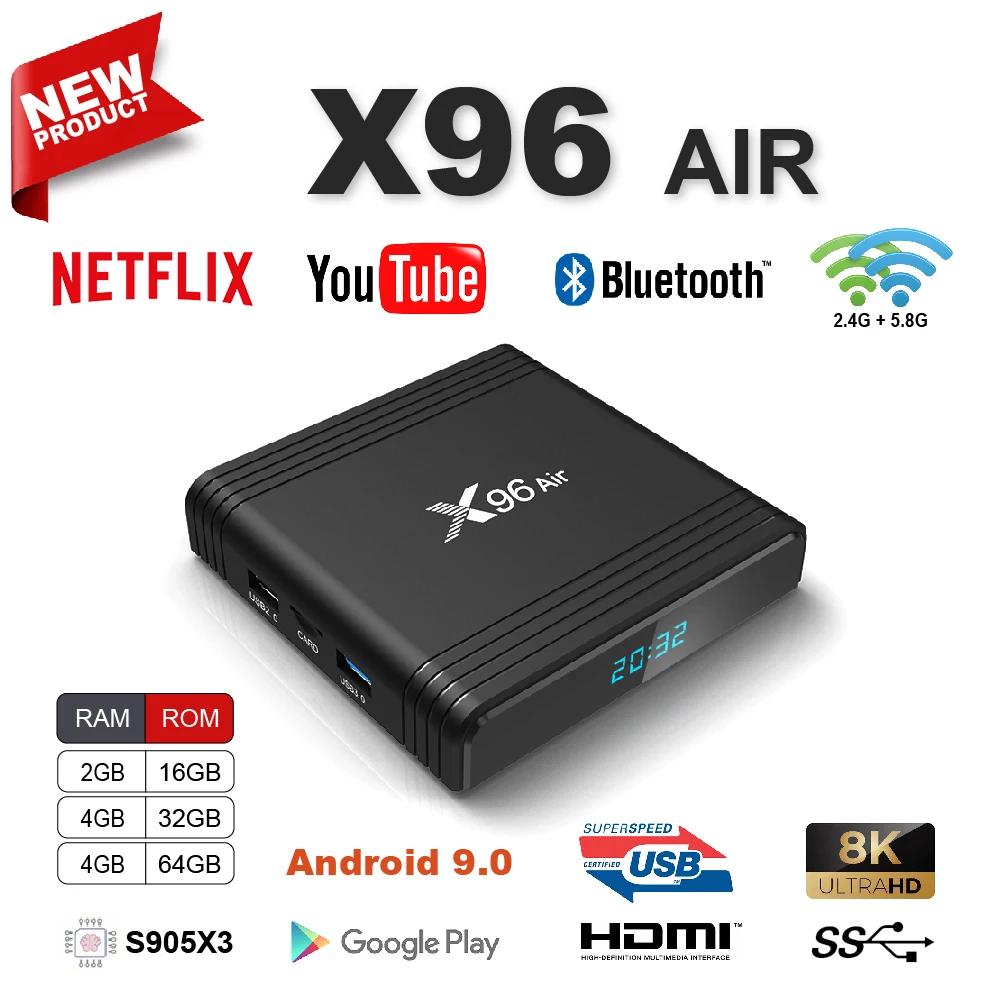 

Приставка Смарт-ТВ X96 Air, Android 9,0, 4 + 32/64 ГБ, 8K x 4K