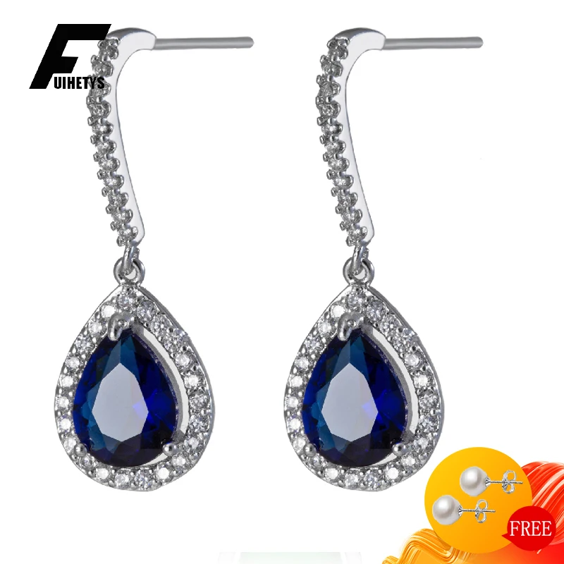 

Fashion Women Earrings Silver 925 Jewelry Accessories Water Drop Shape Sapphire Zircon Gemstone Earrings for Wedding Engagement