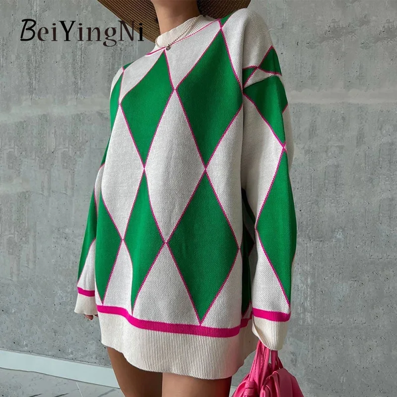 

Beiyingni Argyle Spell Color Women's Sweaters O-neck Thick Long Sleeve Loose Ladies Knitting Pullover Casual Vintage Midi Jumper