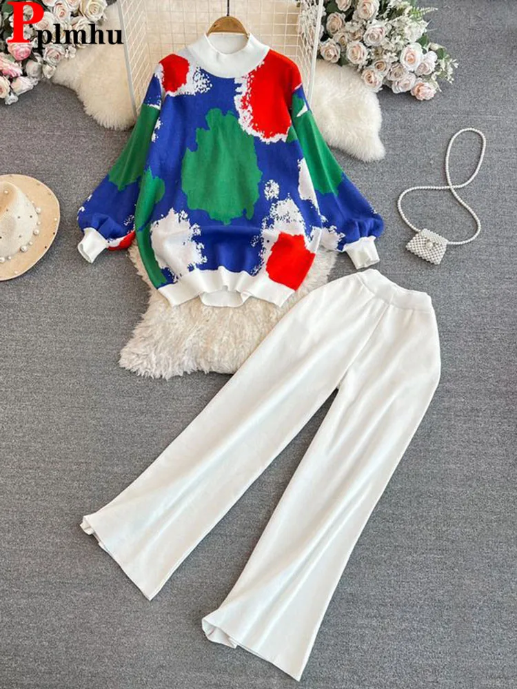 Женский вязаный комплект из 2 предметов Tie-dye свободный трикотажный пуловер с