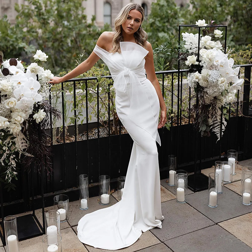 

One-Shoulder Wedding Dresses 2022 Simple White Bow Mermaid Wedding Gowns Ivory Floor Length Elegant Satin Bride Dress Custom