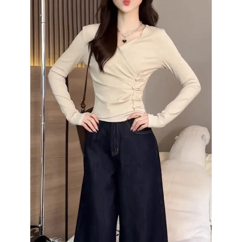 Plus Size This Year's New Apricot V-neck Slim fit Long sleeve Women Autumn Solid Korean Sle Western Advanced Texture Slim...