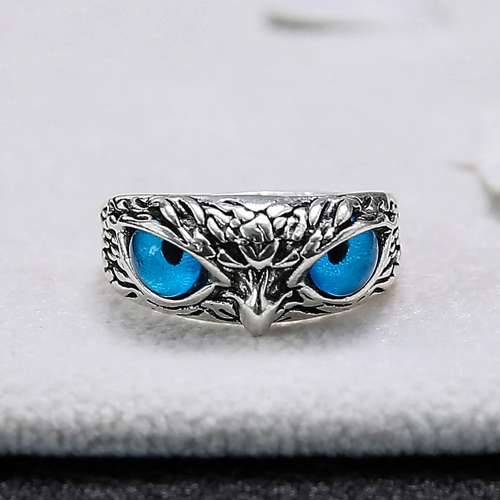 

ZLALHAJA Unisex Vintage Blue Eyes Owl Ring For Women Aesthetic Open Adjustable Big Rings Finger Fasion Jewelry