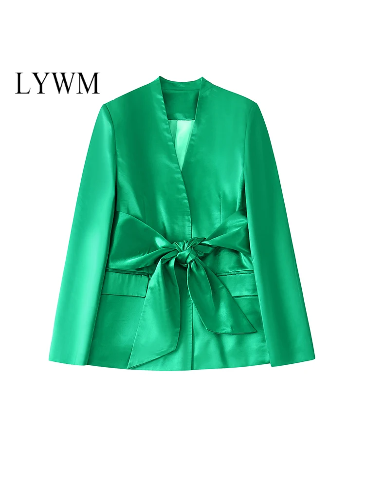

LYWM Women Fashion Tweed Outwears Satin Blazer Jacket With Bow Tie Hidden Button Notched Neck Vintage Female Chic Outfits Mujer