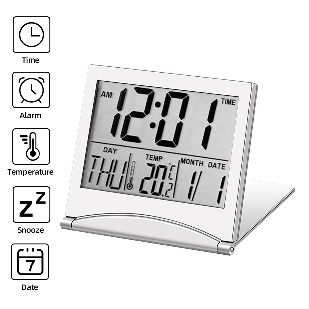 

Foldable Digital Alarm Clock LCD Electronic Travel Mini Clock with Temperature Calendar Display Compact Desk Clock for Bedroom