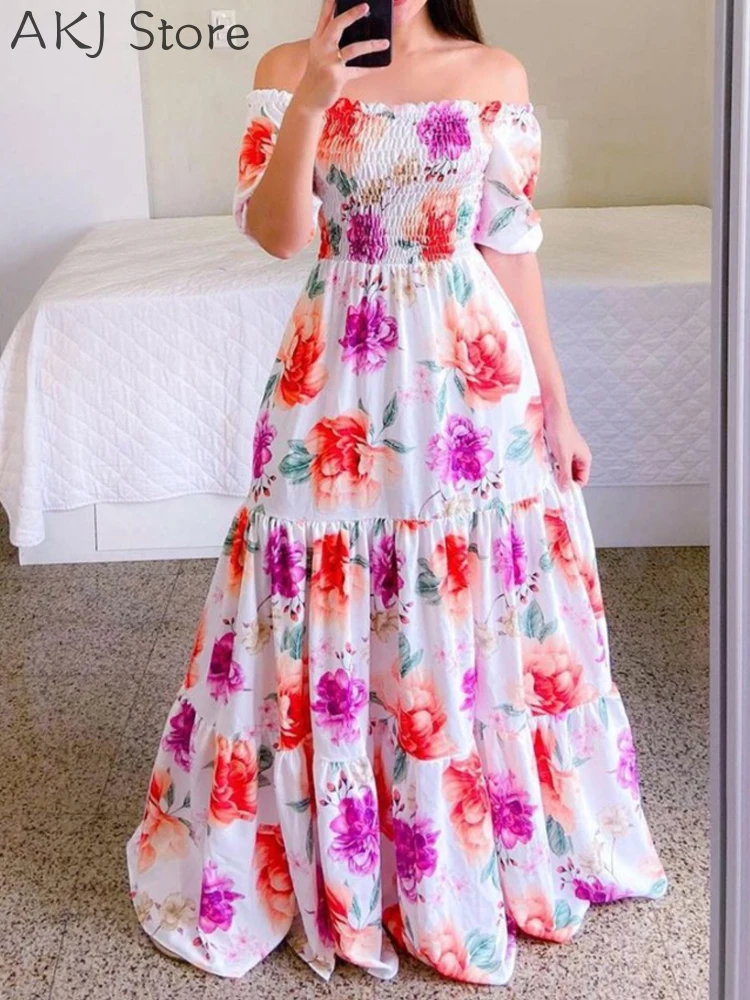 Женское платье макси с цветочным принтом и открытыми плечами |