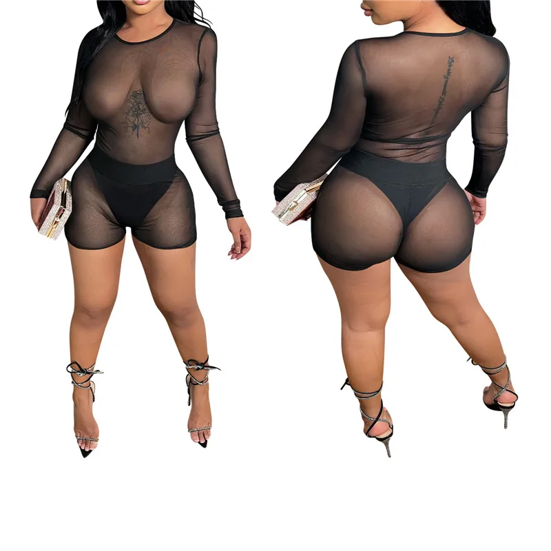 

Women 2 Pieces Short Sets Sexy Long Sleeve Jumpsuit + Thong Outfits Solid Skinny Version See Through Mesh Summer Clothing Club