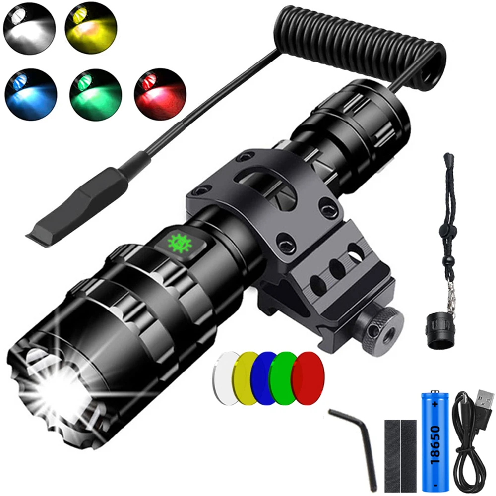 L2 Hunting Flashlight Torch LED Tactical Flashlights 18650 USB Lamp Offset Gun Mount Waterproof Ligh with Green/Yellow Lens